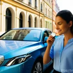 Home 14 헝가리 렌터카 운전 규칙 - **Prompt 1: "A confident female traveler in her late 20s, with a warm smile, stands next to a modern...