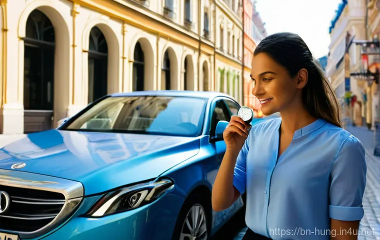 헝가리 렌터카 운전 규칙 - **Prompt 1: "A confident female traveler in her late 20s, with a warm smile, stands next to a modern...