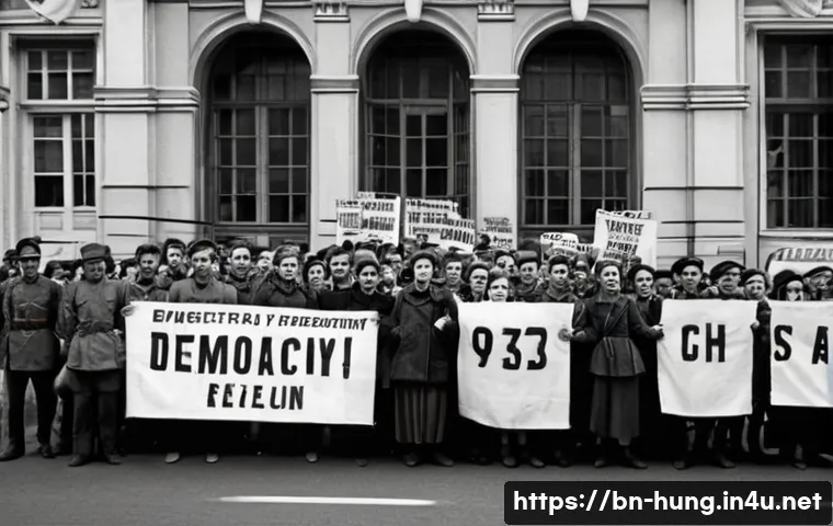 헝가리 혁명 1956 - A powerful scene of Hungarian university students in the 1950s protesting against Soviet control, ho...