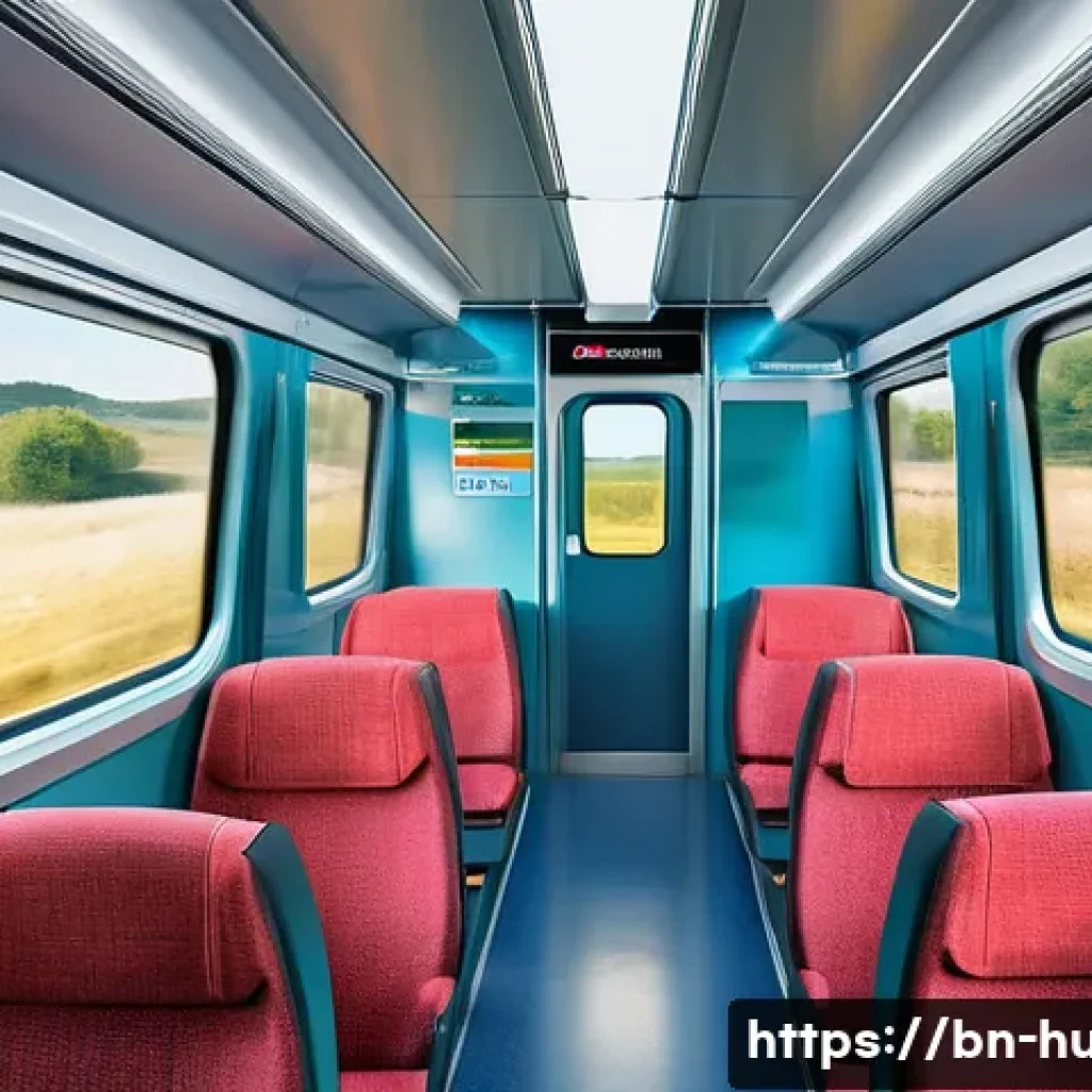 헝가리 유럽 내 이동법 - A modern Hungarian train interior scene showing comfortable, clean seats with passengers seated calm...