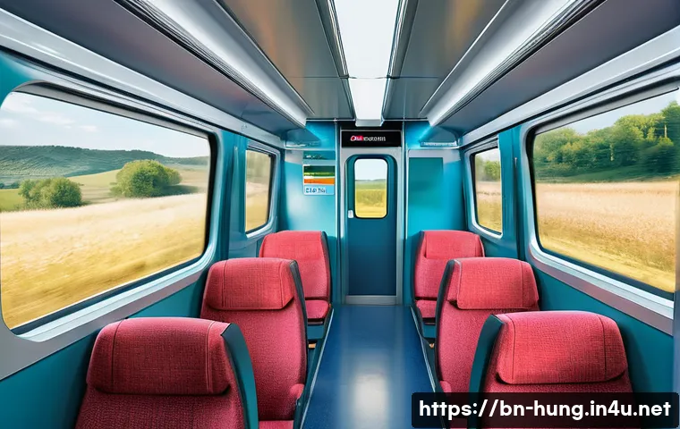 헝가리 유럽 내 이동법 - A modern Hungarian train interior scene showing comfortable, clean seats with passengers seated calm...
