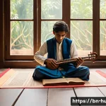 리스트 페렌츠 음악 인생 - A young Bengali classical music student sitting cross-legged on a traditional wooden floor, wearing ...