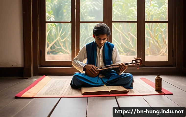 리스트 페렌츠 음악 인생 - A young Bengali classical music student sitting cross-legged on a traditional wooden floor, wearing ...