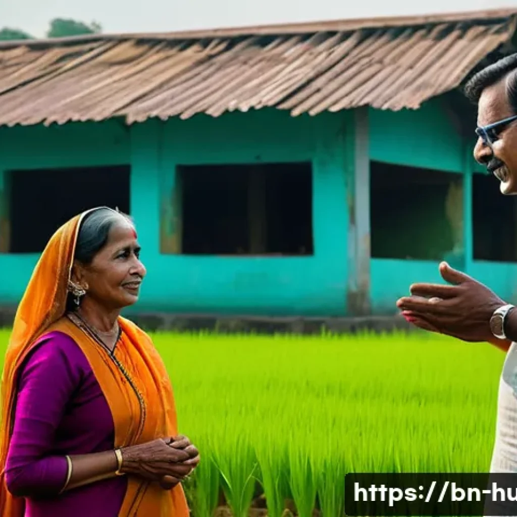 텔레키 팔 정치적 역할 - A detailed portrait of a Bangladeshi political leader engaging warmly with rural villagers in tradit...