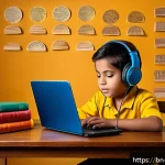 헝가리어 배우기 - A detailed educational scene showing a young Bengali learner sitting at a cozy wooden desk, practici...