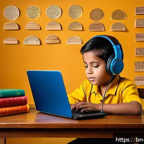 헝가리어 배우기 - A detailed educational scene showing a young Bengali learner sitting at a cozy wooden desk, practici...