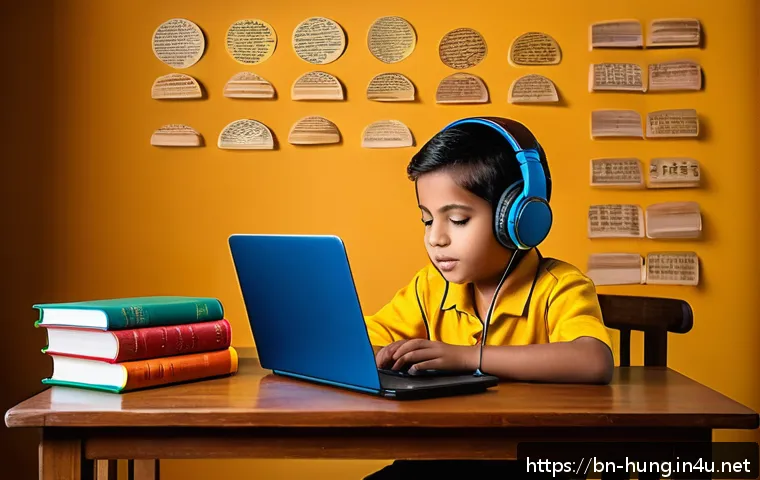 헝가리어 배우기 - A detailed educational scene showing a young Bengali learner sitting at a cozy wooden desk, practici...